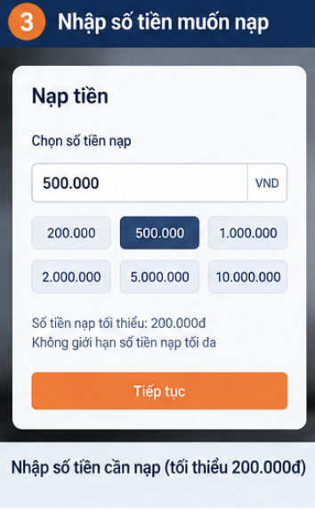 Đăng nhập và chọn mục Nạp tiền Viva88